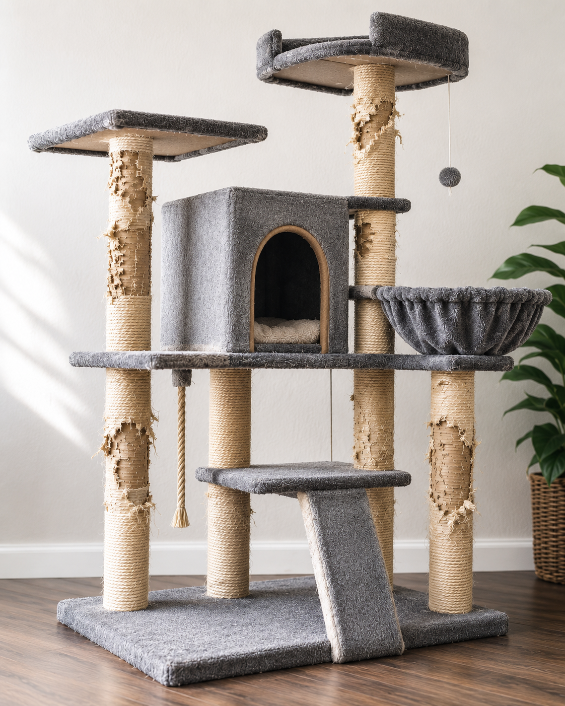 A badly worn cat tree scratching post