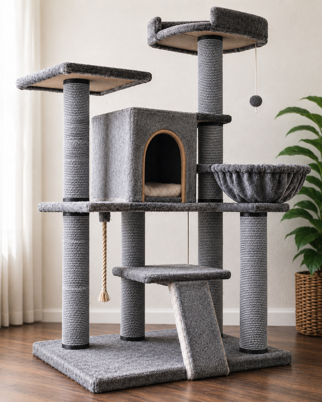 A repaired cat tree scratching post